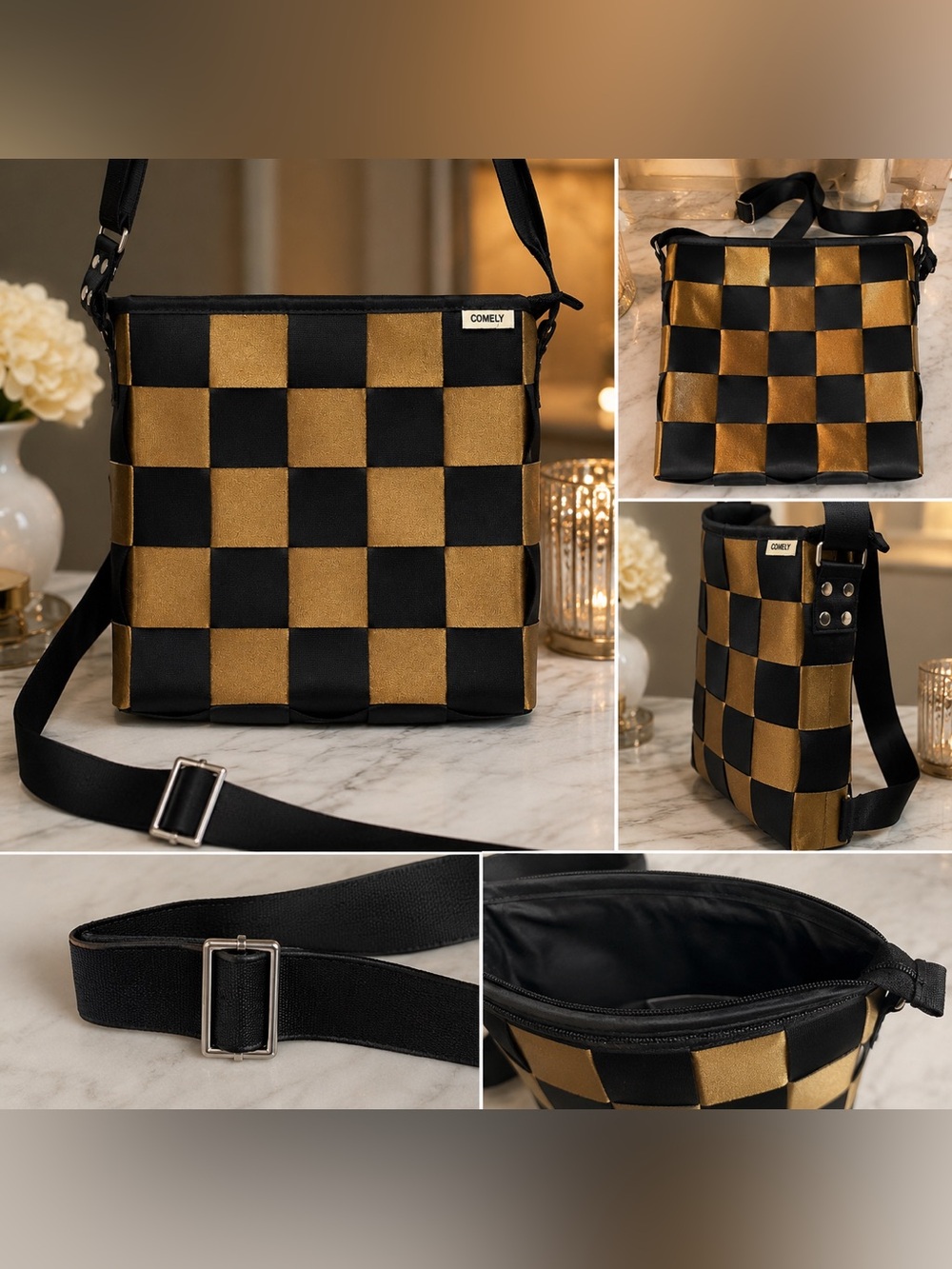 UNISEX Black & Gold Checkered Crossbody Bag